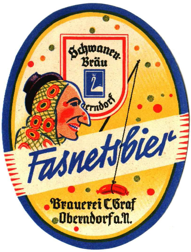 Etikett für Fasnetsbier der Brauerei C. Graf (Schwanenbräu) in Oberndorf am Neckar, um 1960 (ARCHIV DEUTSCHER BIERETIKETTEN CC BY-NC-SA)