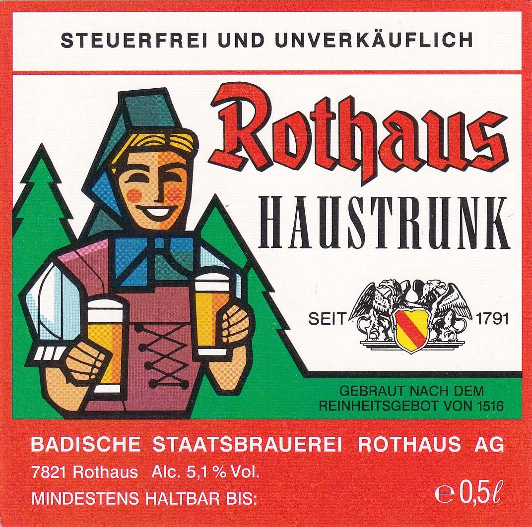 Etikett für Haustrunk der Badischen Staatbrauerei Rothaus AG in Grafenhausen, um 1992 (ARCHIV DEUTSCHER BIERETIKETTEN CC BY-NC-SA)