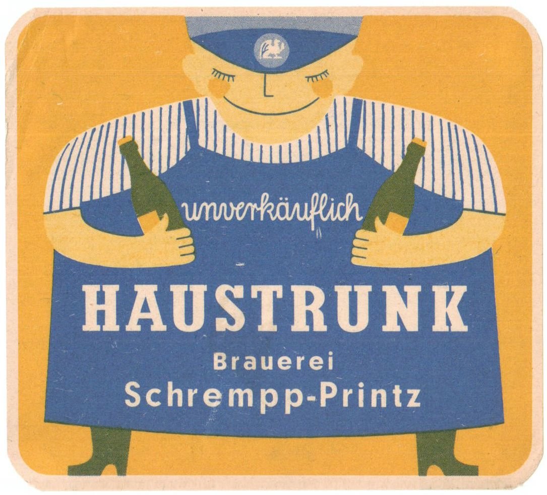 Etikett für Haustrunk der Brauerei Schrempp-Printz in Karlsruhe, um 1962 (ARCHIV DEUTSCHER BIERETIKETTEN CC BY-NC-SA)