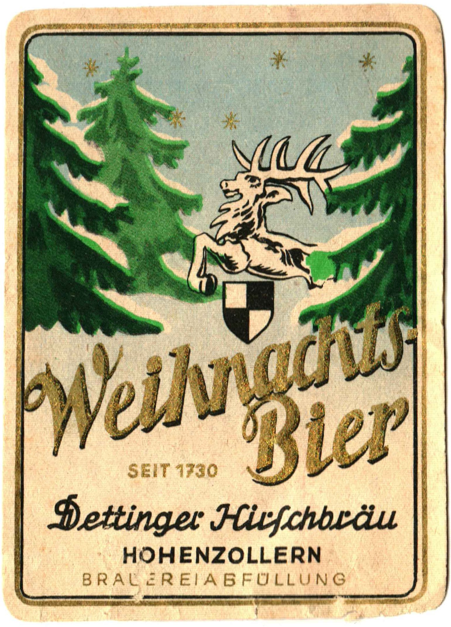 Bieretikett für Weihnachts Bier der Dettinger Hirschbräu, um 1962 (ARCHIV DEUTSCHER BIERETIKETTEN CC BY-NC-SA)