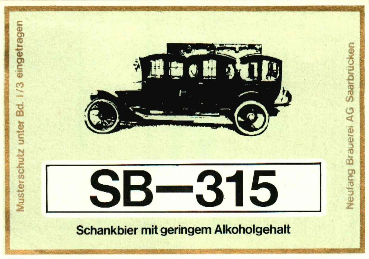Bieretikett mit PKW-Abbildung der Neufang Brauerei AG in Saarbrücken, um 1973 (ARCHIV DEUTSCHER BIERETIKETTEN CC BY-NC-SA)
