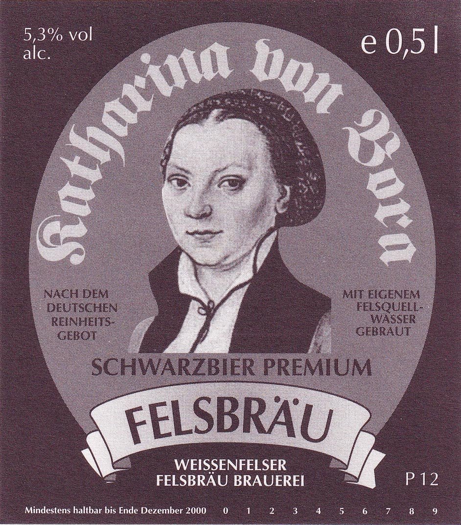 Bieretikett mit Katharina von Bora der Felsbräu Brauerei in Weißenfels, 1999 (ARCHIV DEUTSCHER BIERETIKETTEN CC BY-NC-SA)