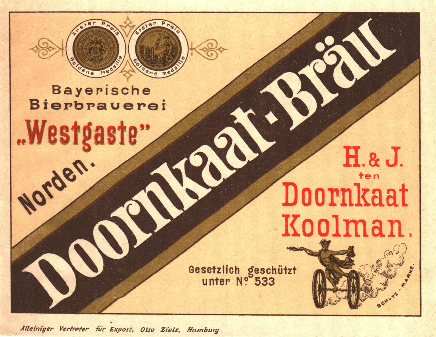 Bieretikett der H. & J. ten Doornkaat - Koolman Bayerische Bierbrauerei in Westgaste, um 1888 (ARCHIV DEUTSCHER BIERETIKETTEN CC BY-NC-SA)