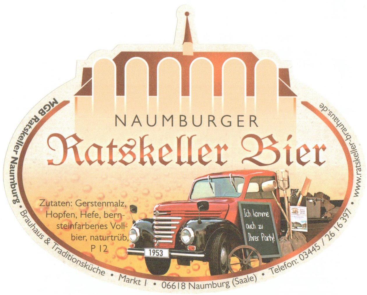 Bieretikett mit Kraftfahrzeug des Ratskeller Naumburg, um 2015 (ARCHIV DEUTSCHER BIERETIKETTEN CC BY-NC-SA)