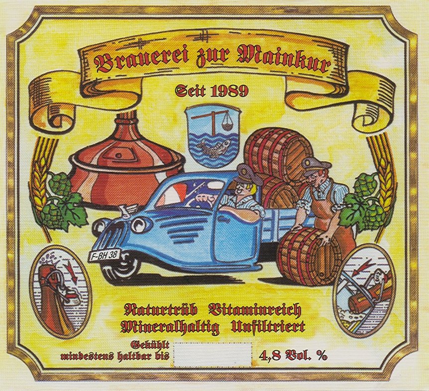 Bieretikett mit LKW-Abbildung der Brauerei Bier-Hannes zur Mainkur Frankfurt am Main, um 1999 (ARCHIV DEUTSCHER BIERETIKETTEN CC BY-NC-SA)