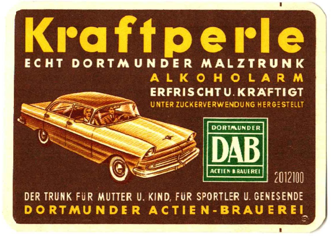 Bieretikett mit PKW-Abbildung der Dortmunder Actien-Brauerei, um 1961 (ARCHIV DEUTSCHER BIERETIKETTEN CC BY-NC-SA)