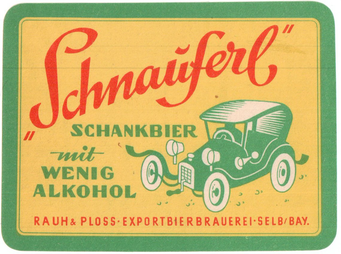 Bieretikett mit PKW-Abbildung der Exportbierbrauerei Rauh & Ploß in Selb, um 1968 (ARCHIV DEUTSCHER BIERETIKETTEN CC BY-NC-SA)