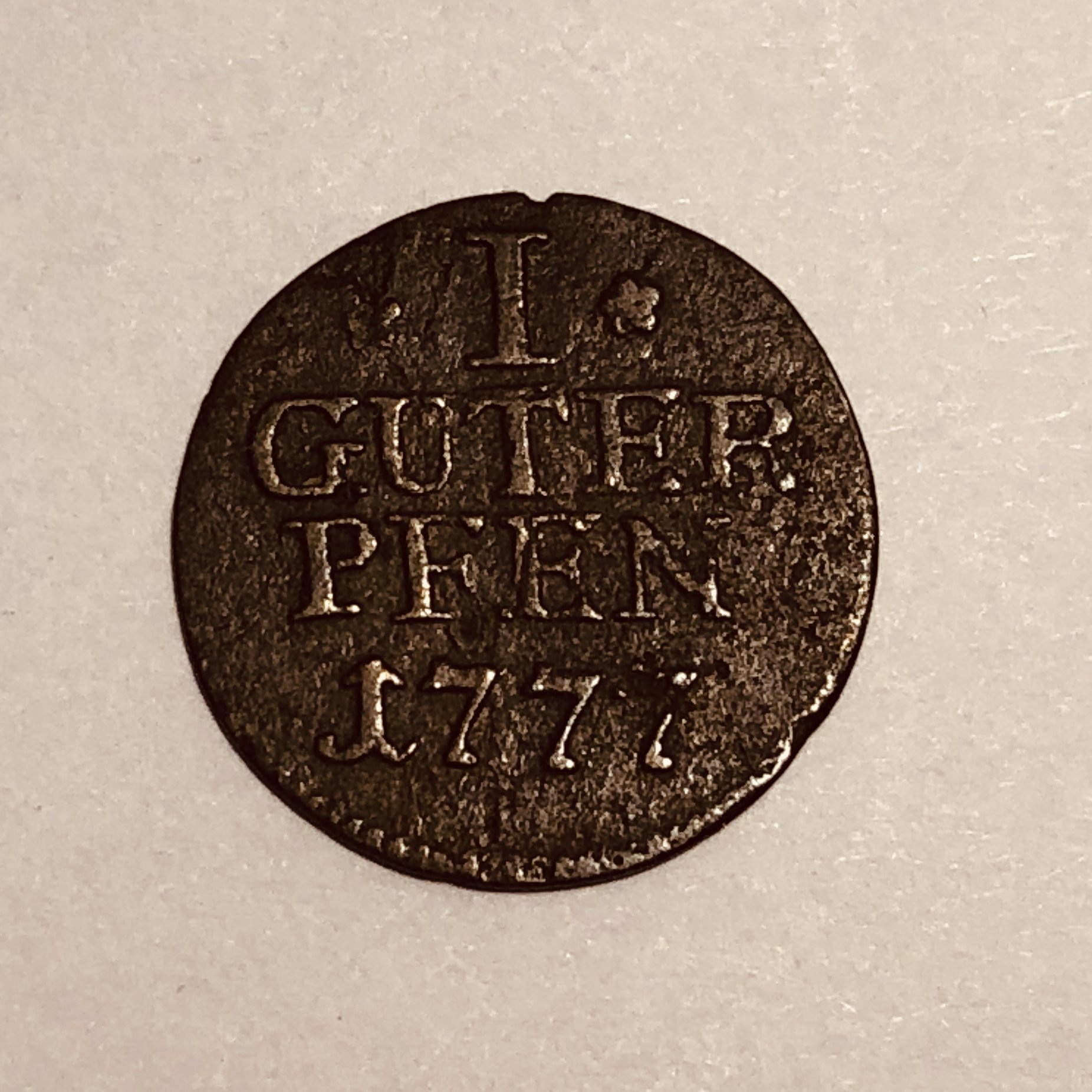 Ein Pfennig Friedrich II. "Guter Pfennig" 1777 (Heimathaus Prieros CC BY-NC-SA)