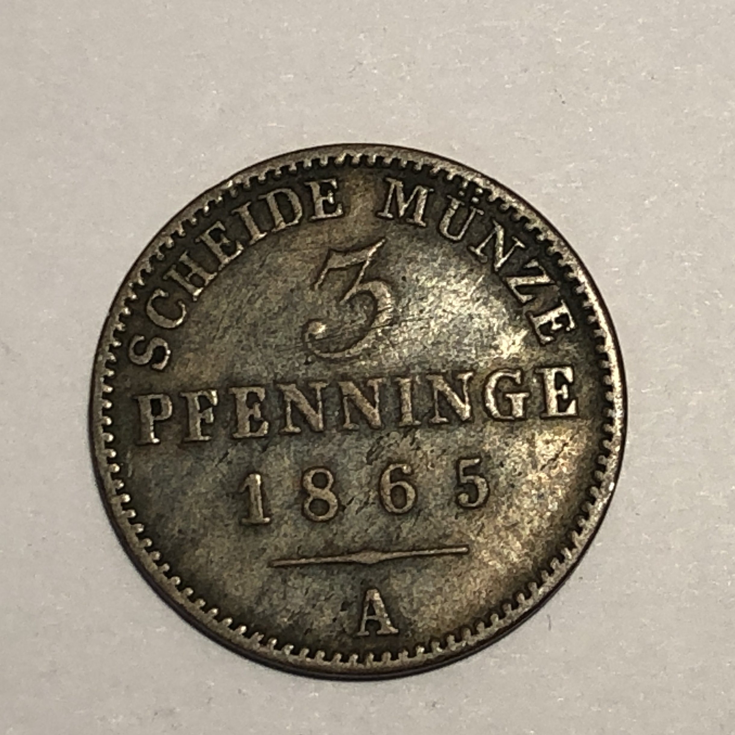 3 Pfennige 1865 A Scheidemünze Preußen (Heimathaus Prieros CC BY-NC-SA)