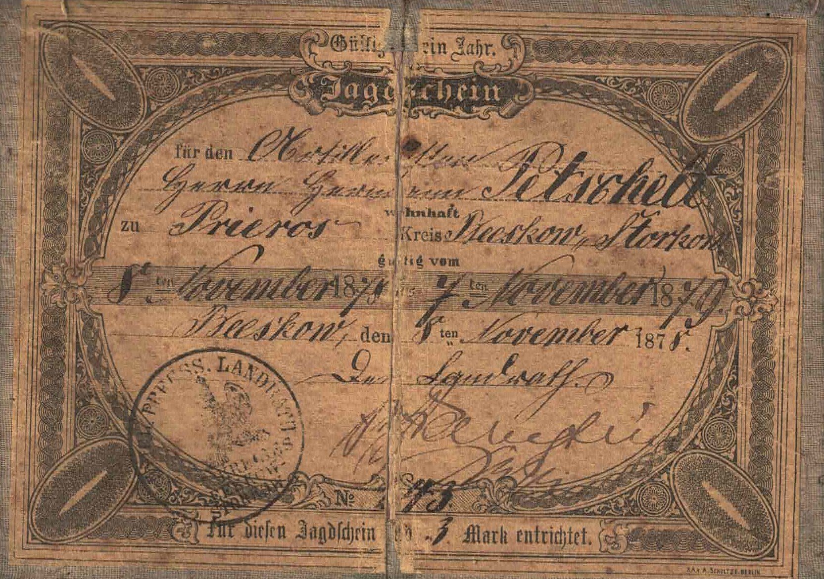 Jagdschein 1883 bis 1884 (Heimathaus Prieros CC BY-NC-SA)