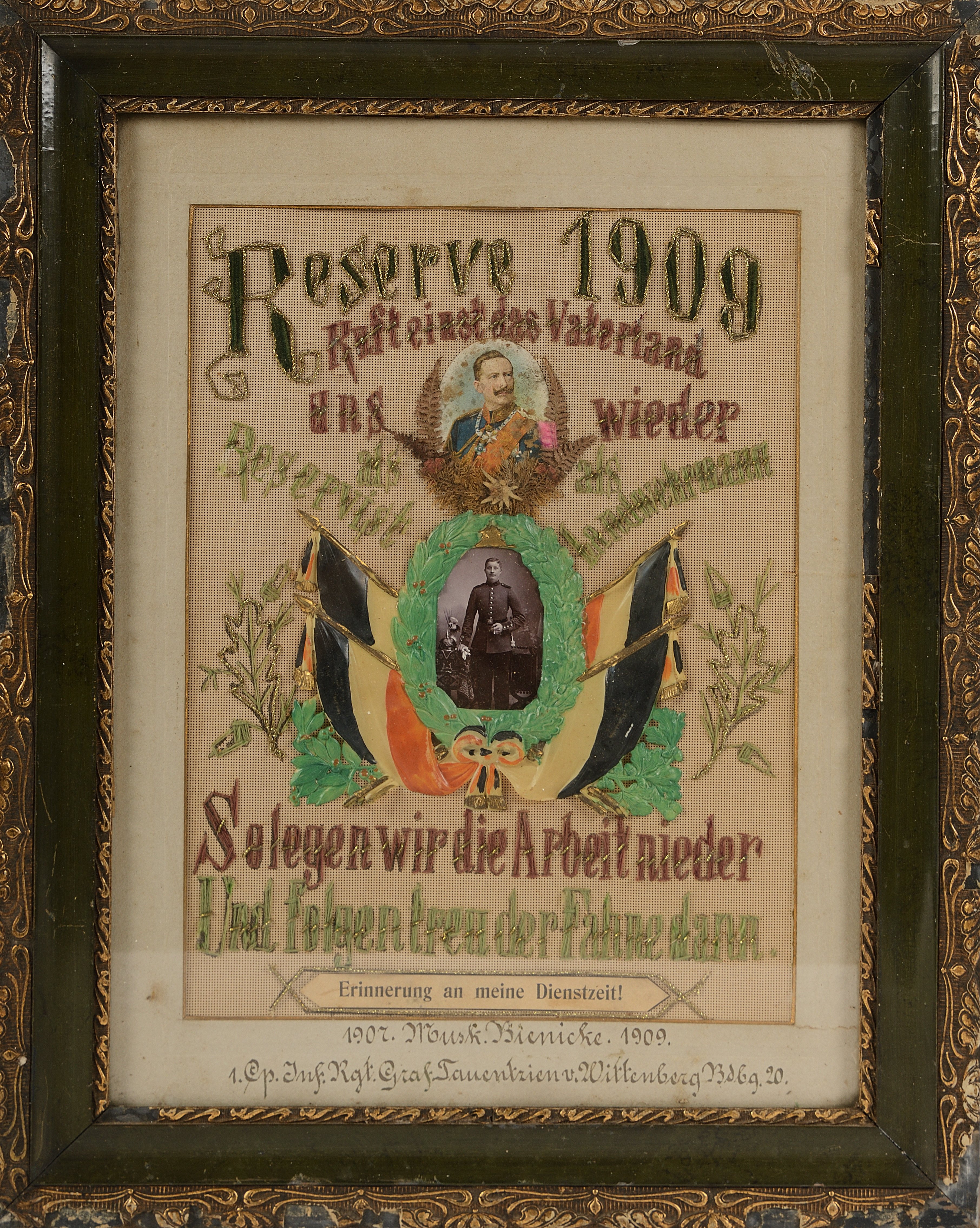 gesticktes Bild Erinnerung an Dienstzeit 1909 (Heimathaus Prieros CC BY-NC-SA)