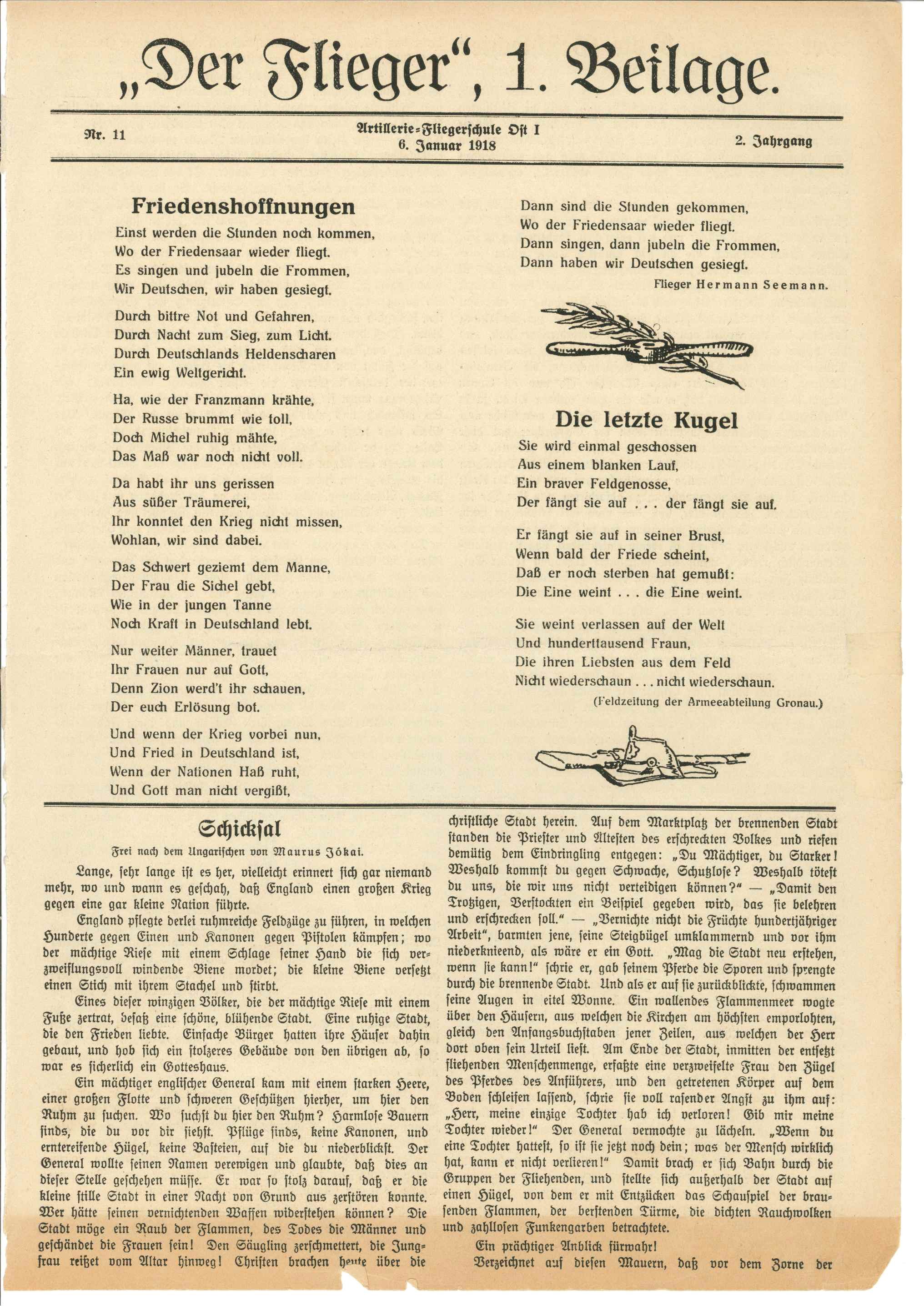 "Der Flieger", 6.1.1918 (Kurt Tucholsky Literaturmuseum CC BY-NC-SA)