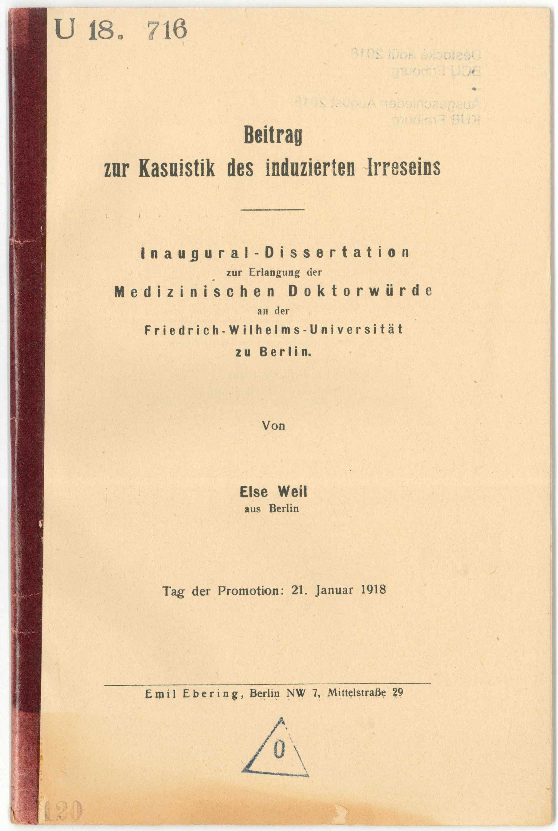 Dissertation von Else Weil, 1918 (Kurt Tucholsky Literaturmuseum CC BY-NC-SA)