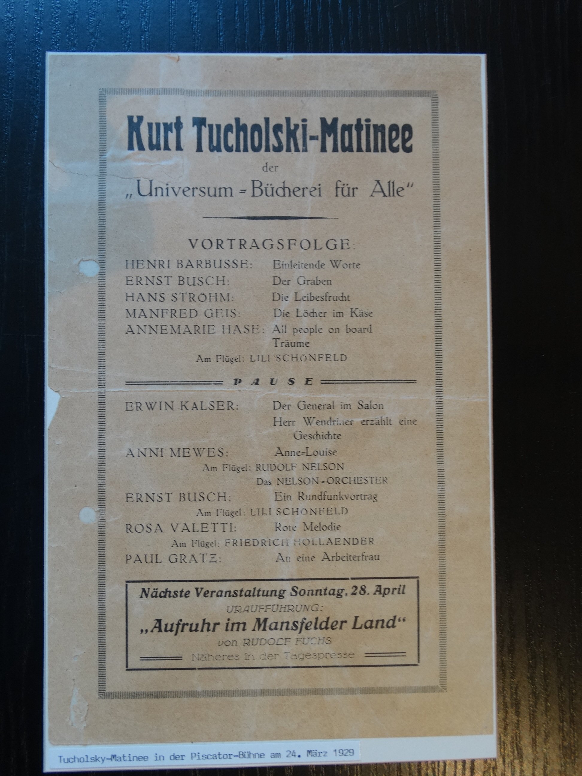 Tucholsky Matinee 1929 (Kurt Tucholsky Literaturmuseum CC BY-NC-SA)
