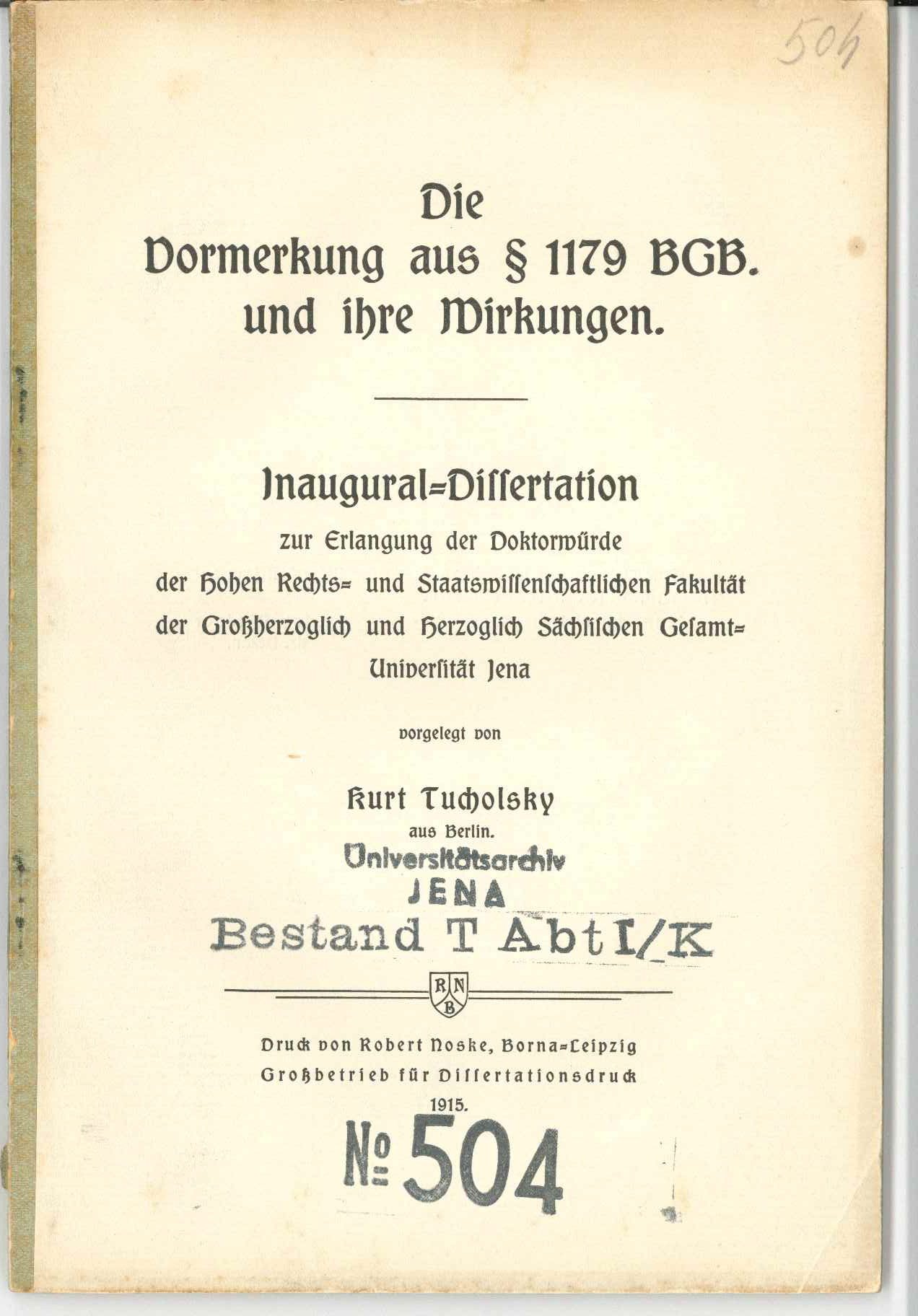 Kurt Tucholsky Dissertation (Kurt Tucholsky Literaturmuseum CC BY-NC-SA)