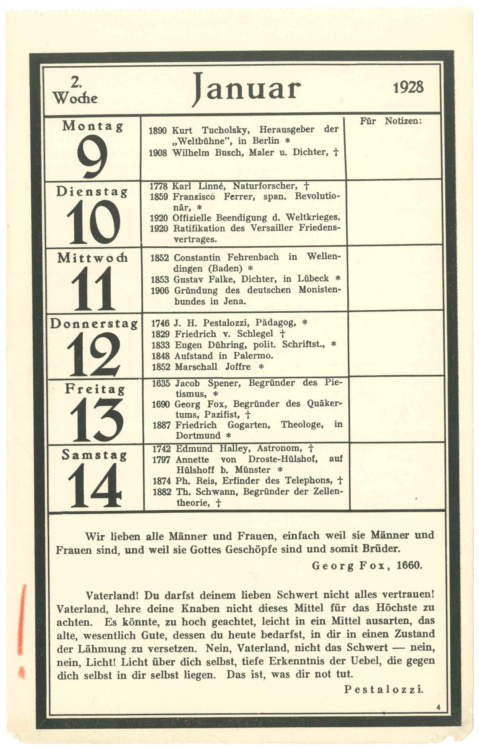 Kalender 1928 (Kurt Tucholsky Literaturmuseum CC BY-NC-SA)