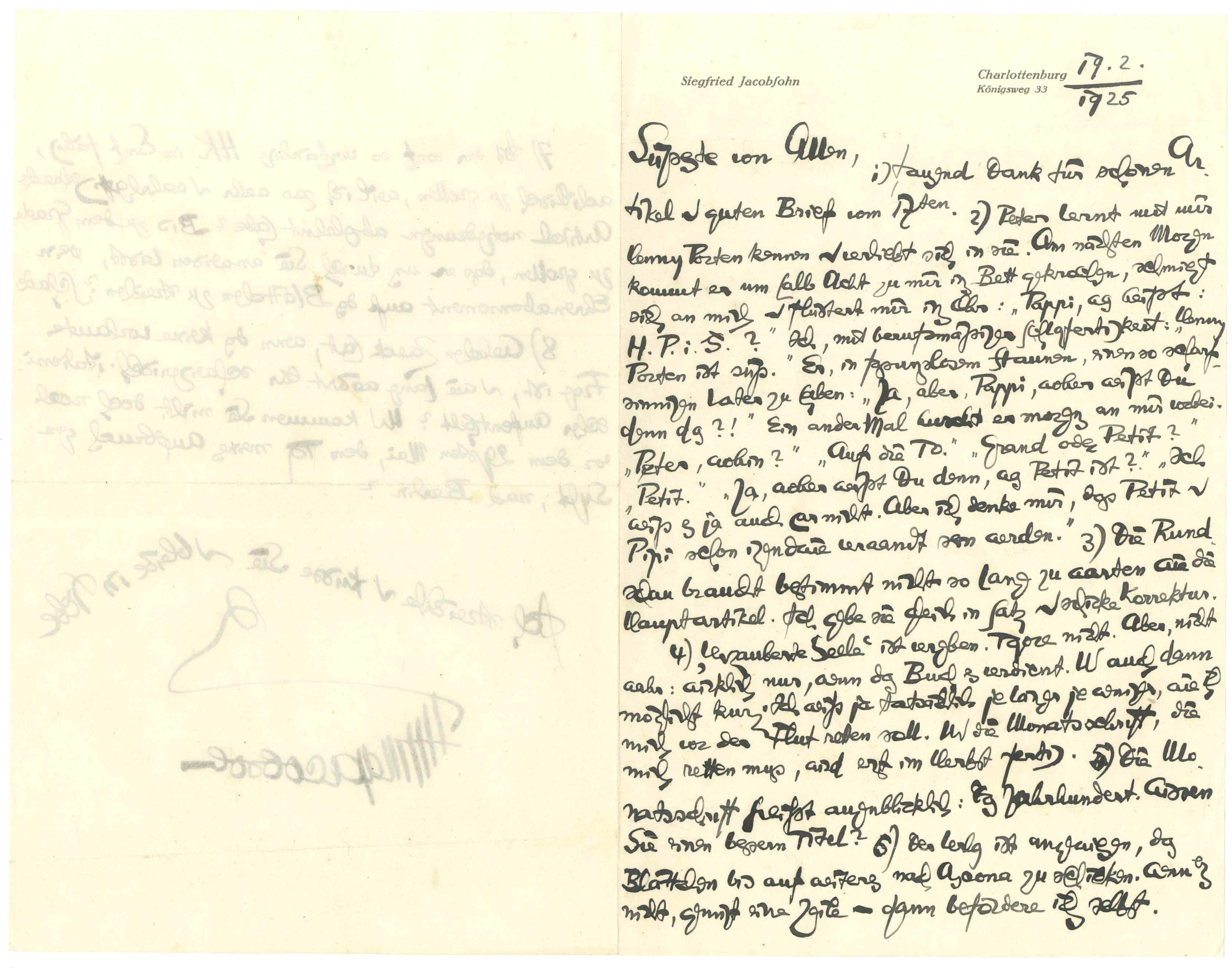 Brief Siegfried Jacobsohn an Gehrke 19.2.1025 (Kurt Tucholsky Literaturmuseum CC BY-NC-SA)