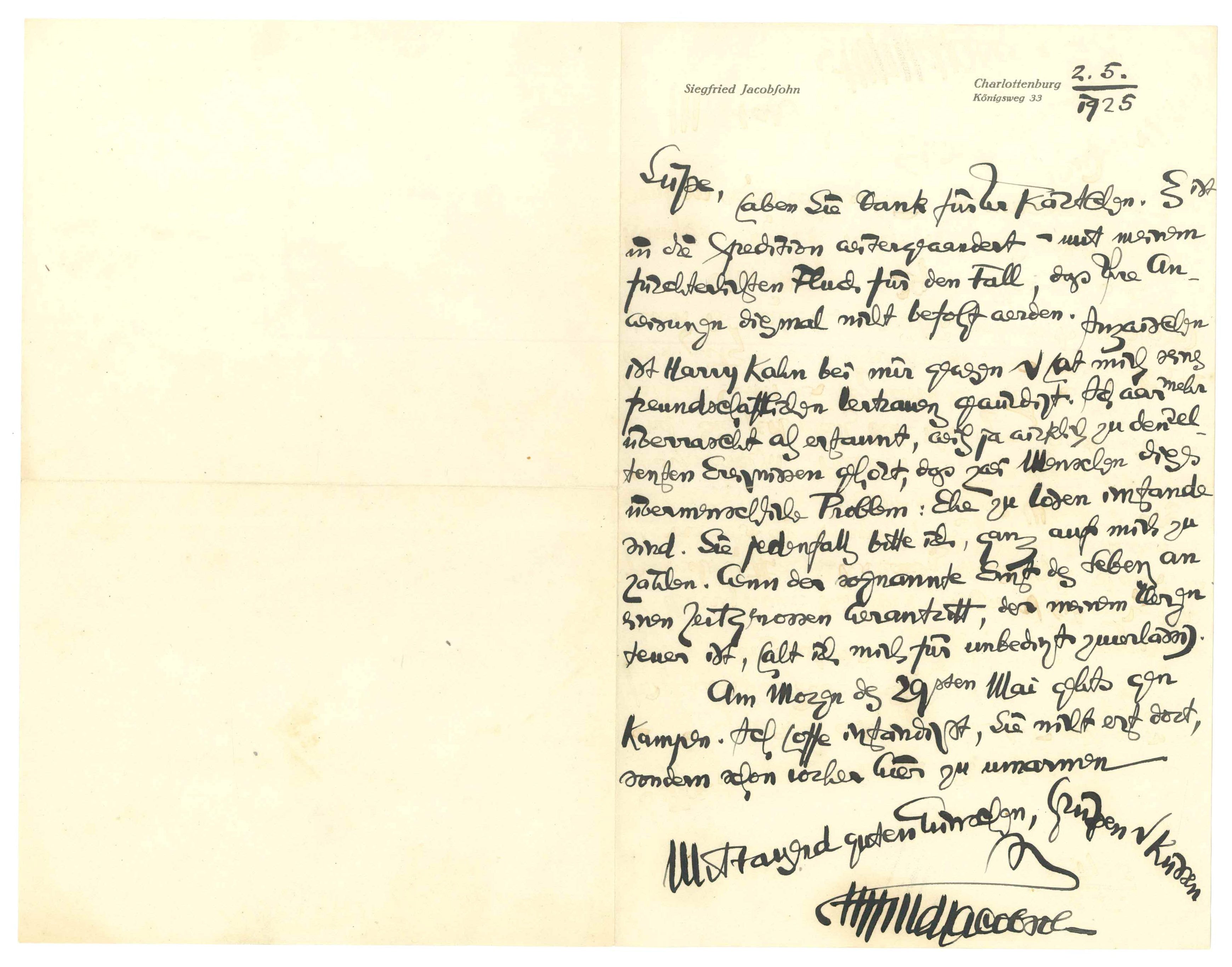 Brief Siegfried Jacobsohn an Gehrke 2.5.1925 (Kurt Tucholsky Literaturmuseum CC BY-NC-SA)