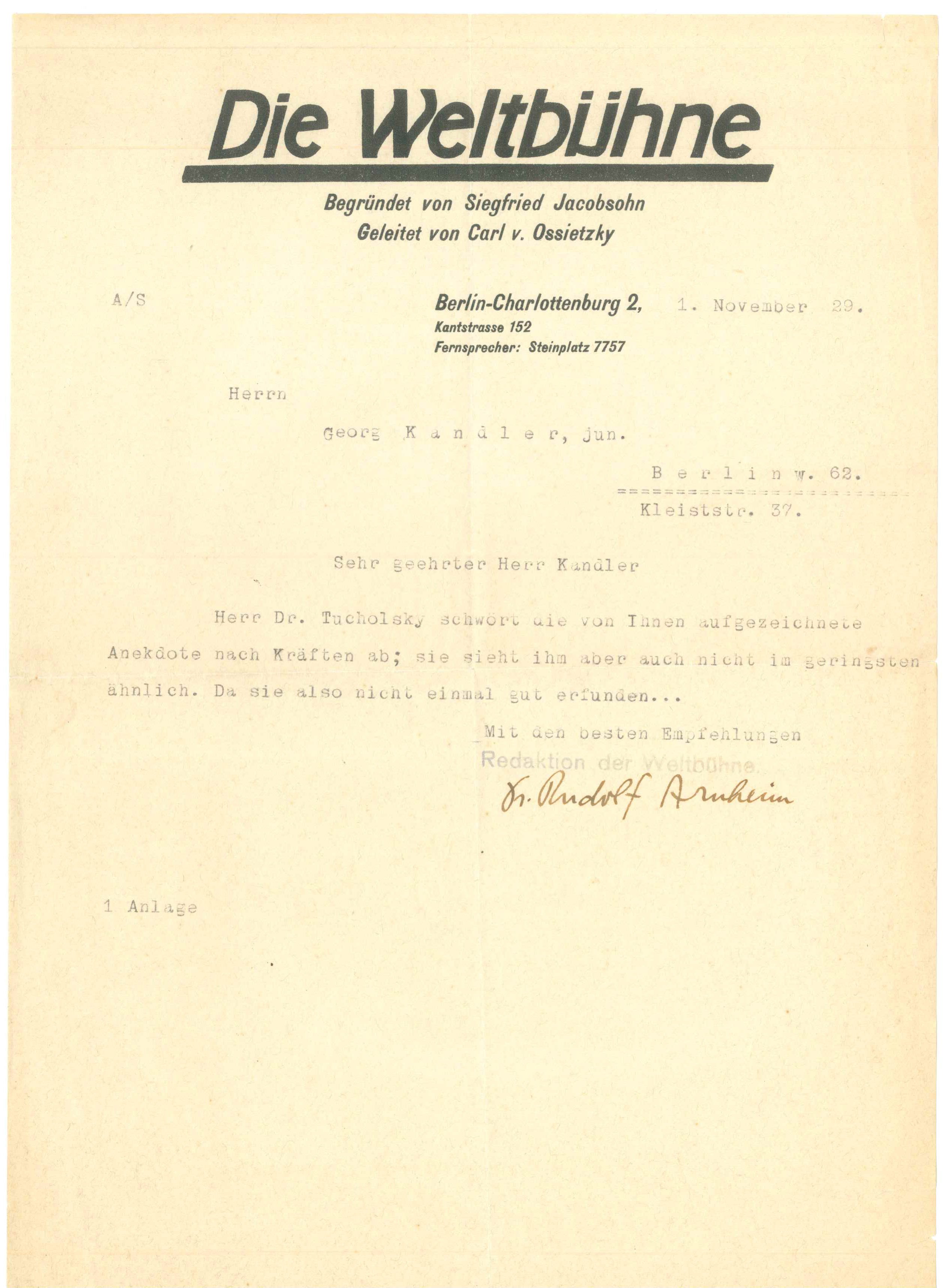 Brief von Rudolf Arnheim, Die Weltbühne (Kurt Tucholsky Literaturmuseum CC BY-NC-SA)