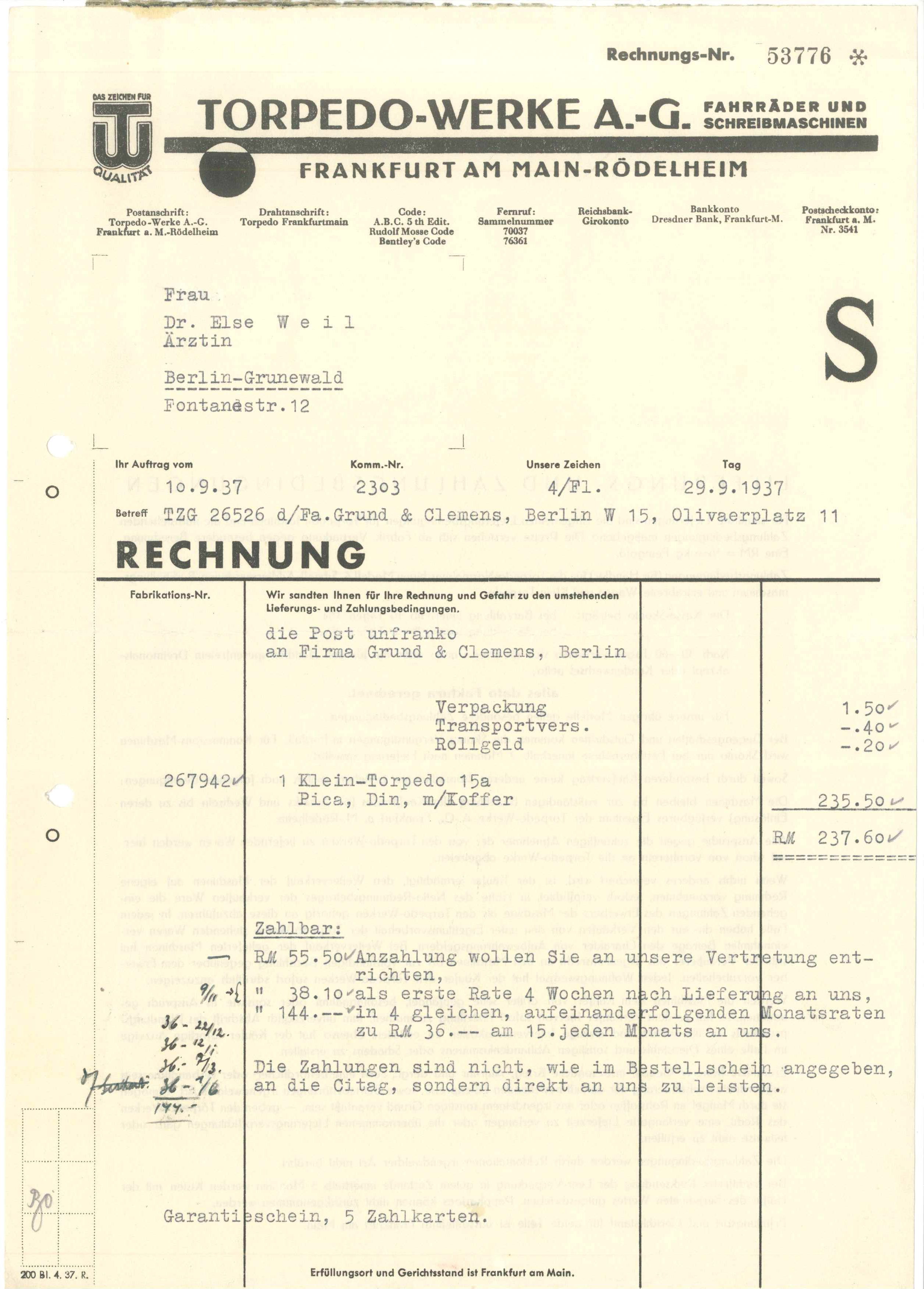 Rechnung für Reiseschreibmaschine 1937 (Kurt Tucholsky Literaturmuseum CC BY-NC-SA)