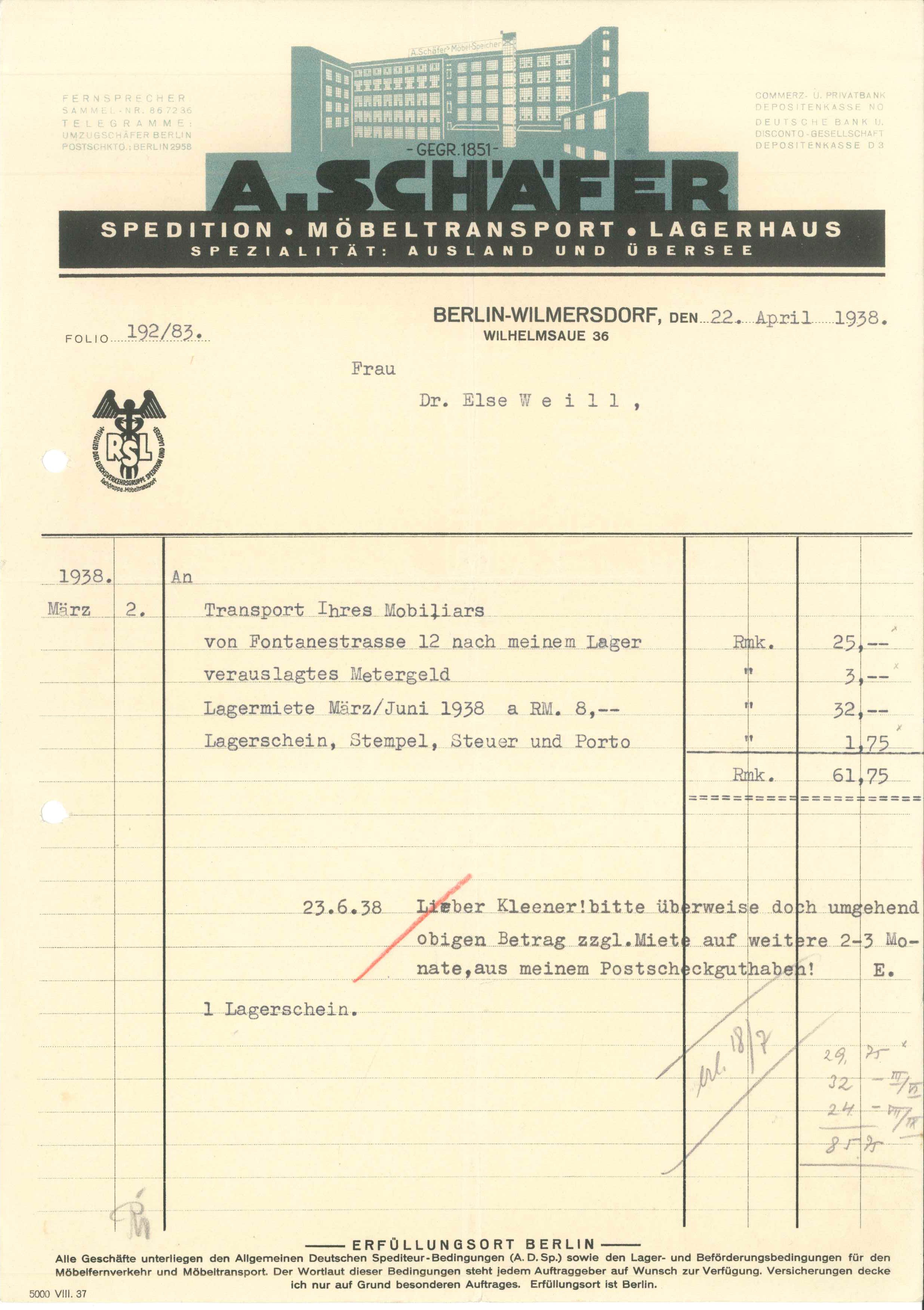 Rechnungen für Möbellager (Kurt Tucholsky Literaturmuseum CC BY-NC-SA)