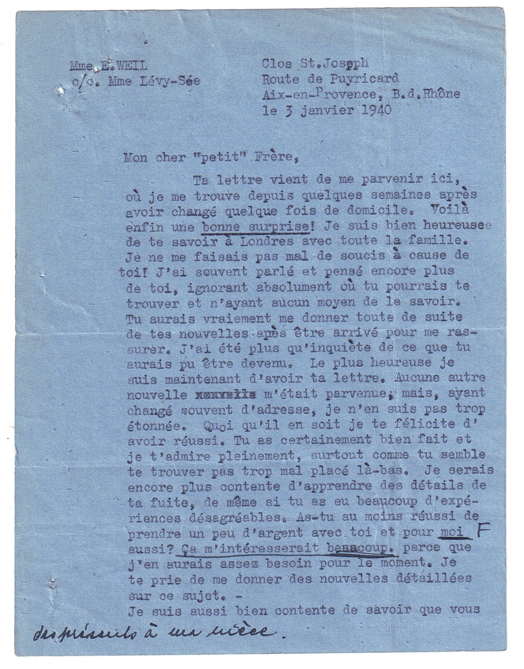 Brief von Else Weil an ihren Bruder Kurt 3. Januar 1940 (Kurt Tucholsky Literaturmuseum CC BY-NC-SA)