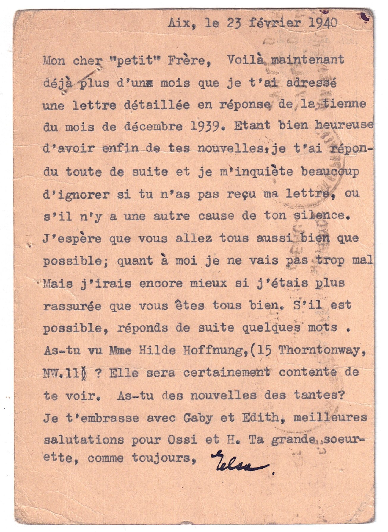 Briefpostkarte von Else Weil an Kurt Weil 23. Februar 1940 (Kurt Tucholsky Literaturmuseum CC BY-NC-SA)