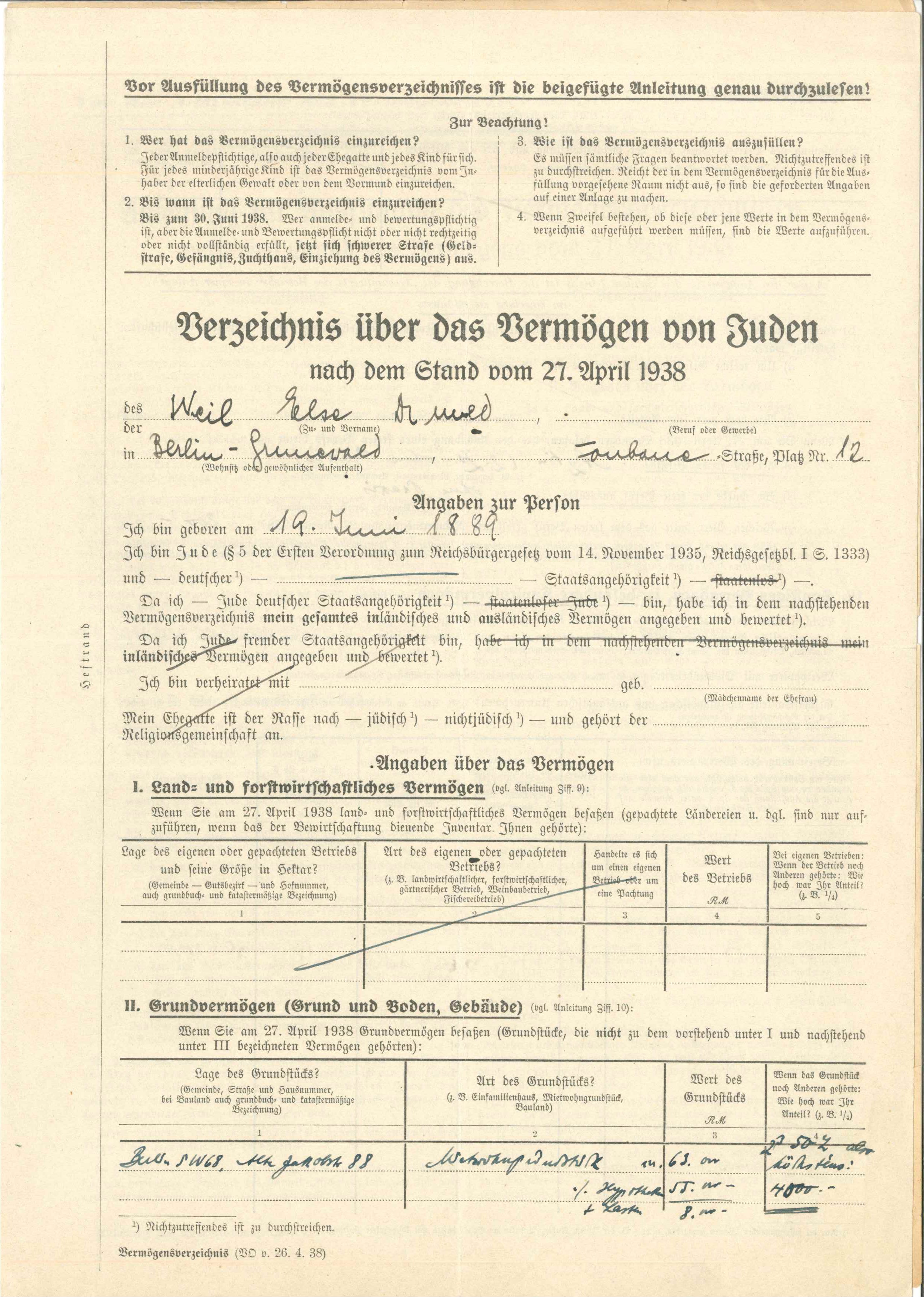 Verzeichnis über das Vermögen von Juden 1938 von Esde Weil (Kurt Tucholsky Literaturmuseum CC BY-NC-SA)