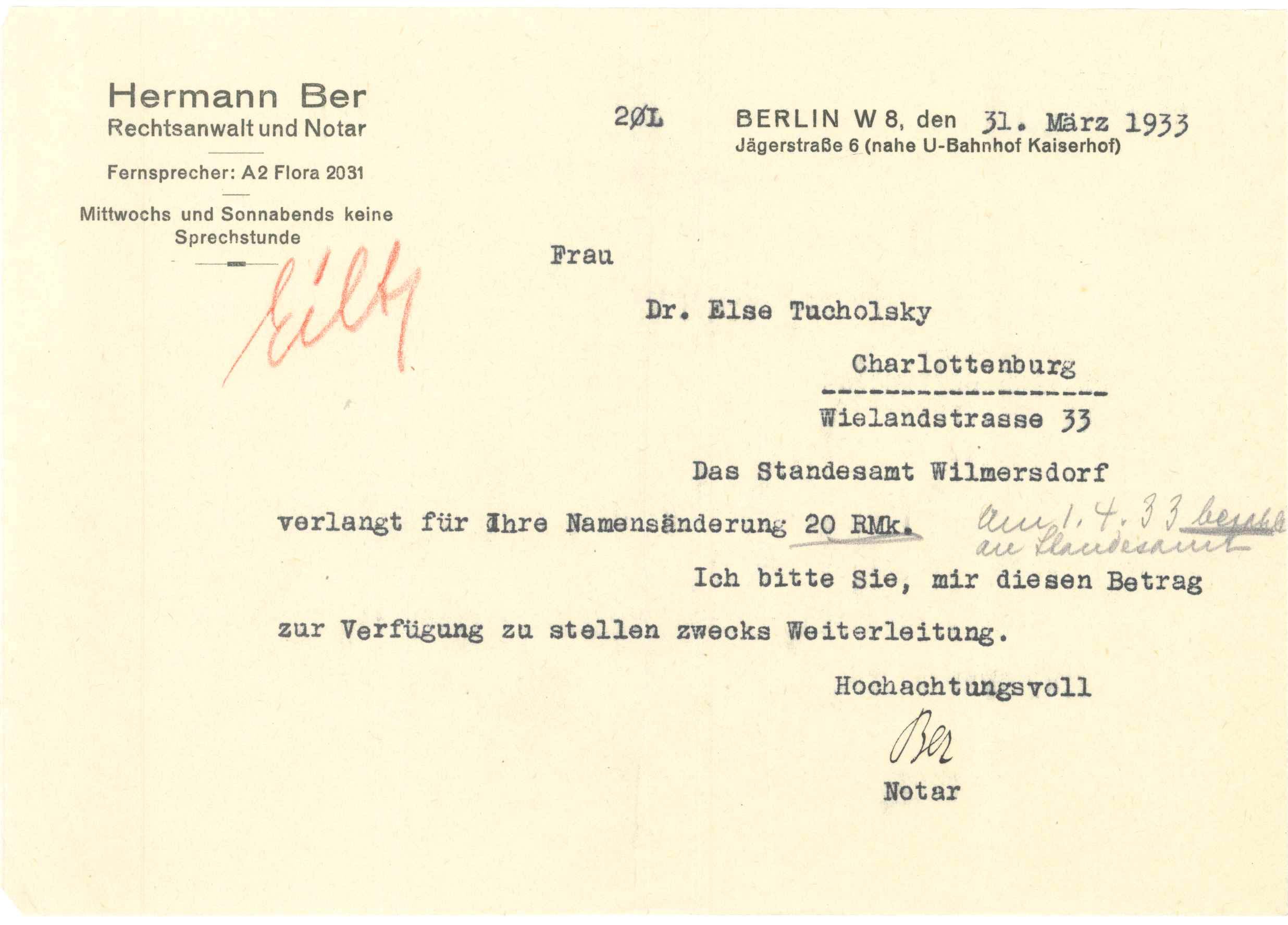 Anwaltsschreiben Namensänderung Else Weil 1933 (Kurt Tucholsky Literaturmuseum CC BY-NC-SA)