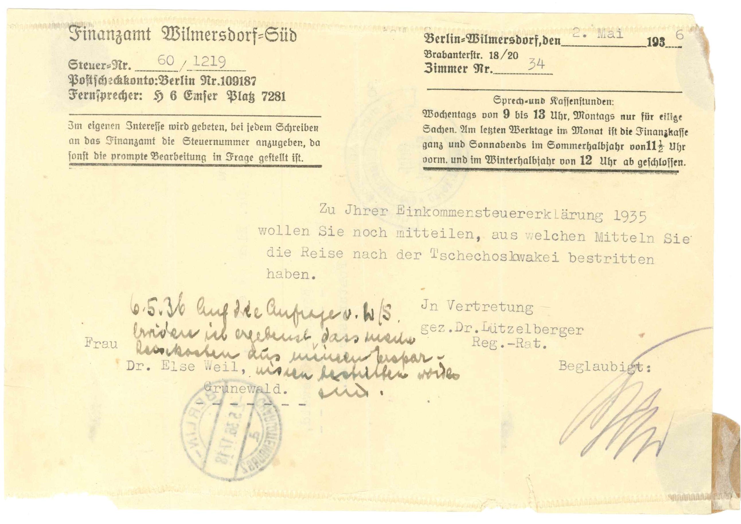 Finanzamtsschreiben Mai 1936 (Kurt Tucholsky Literaturmuseum CC BY-NC-SA)