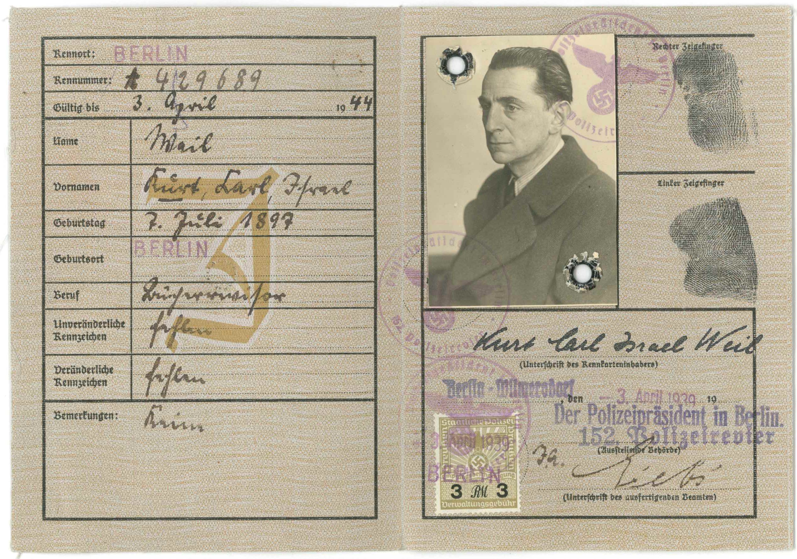 Kennkarte Kurt Carl Israel Weil 1939 (Kurt Tucholsky Literaturmuseum CC BY-NC-SA)