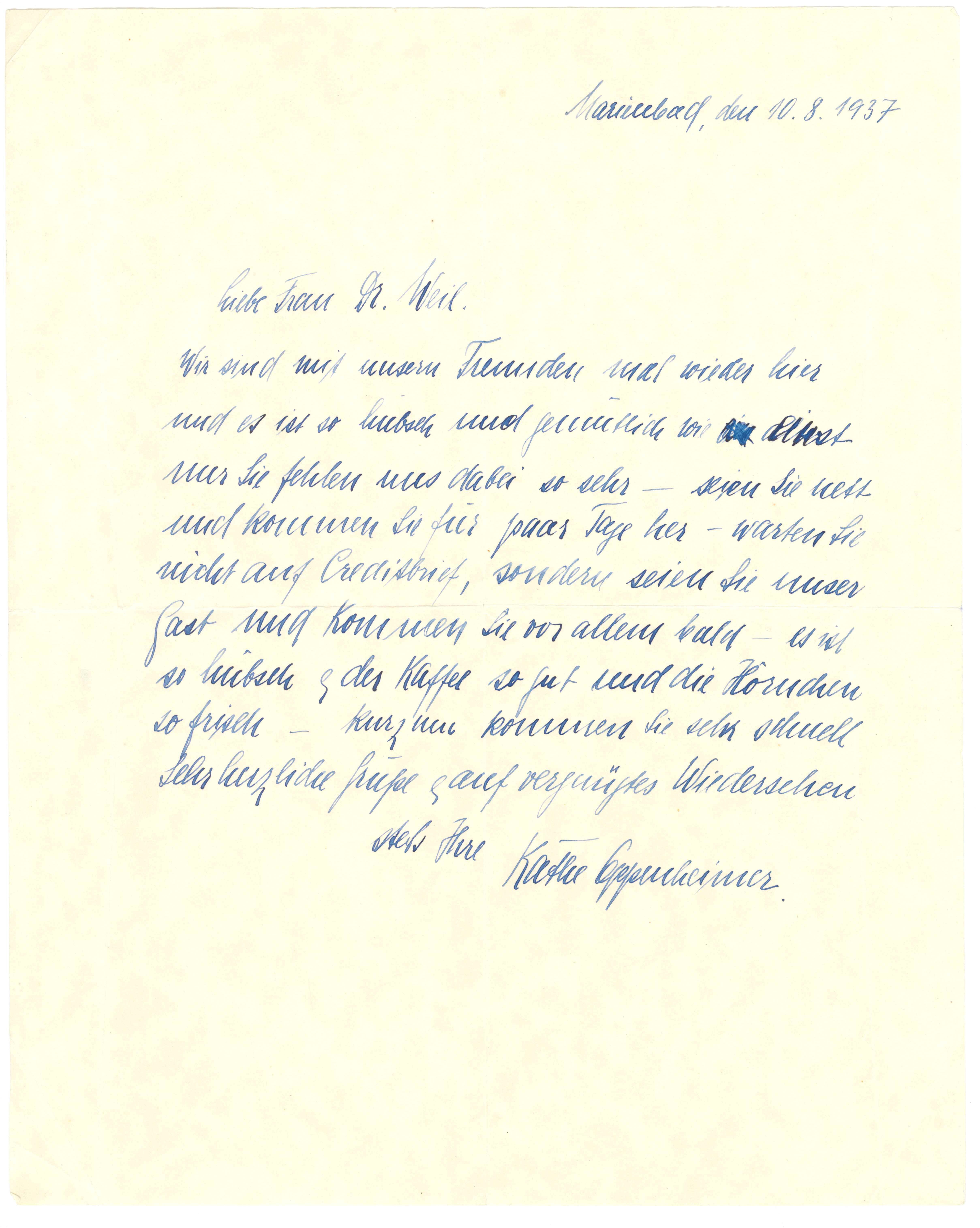 Brief von Käthe Oppenheimer an Else Weil vom 10.8.1937 (Kurt Tucholsky Literaturmuseum CC BY-NC-SA)