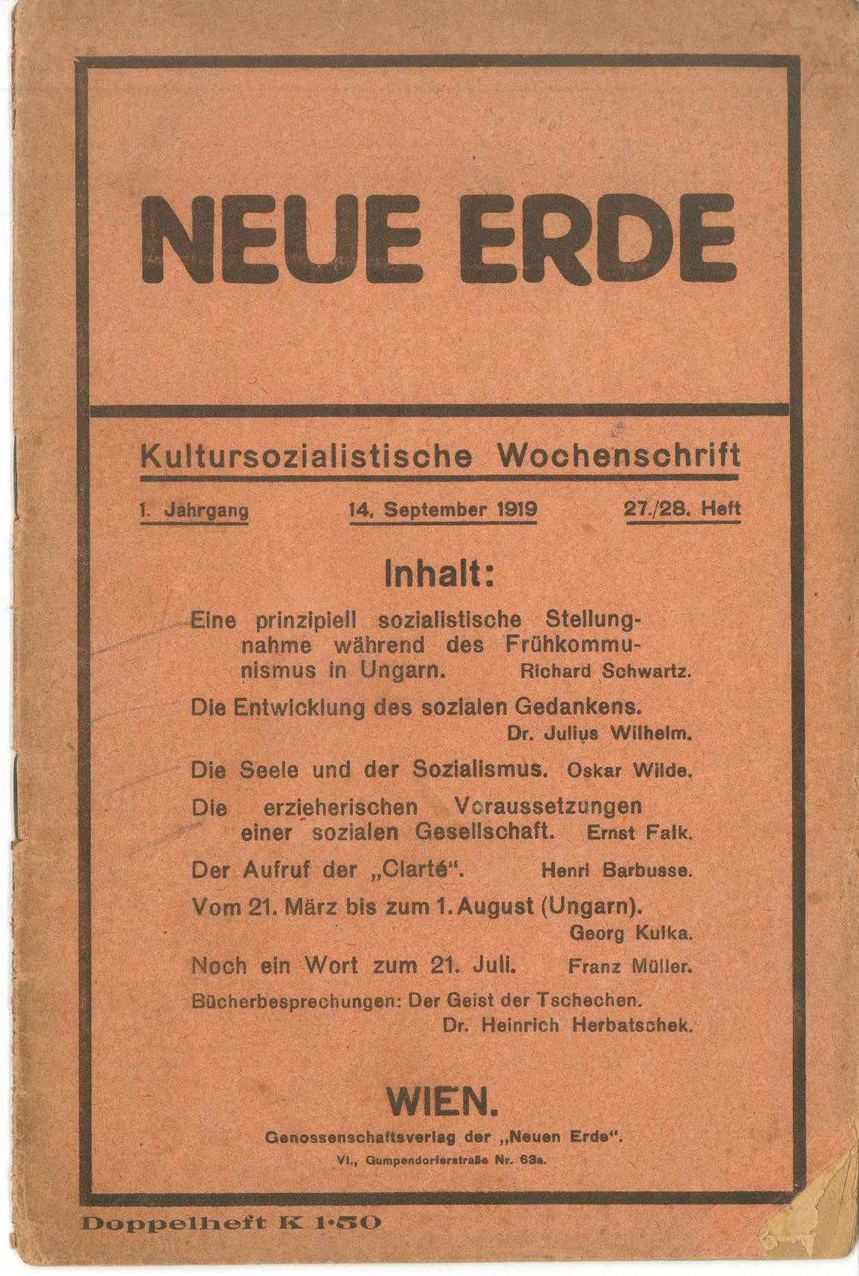 Neue Erde Heft 9/1919 (Kurt Tucholsky Literaturmuseum CC BY-NC-SA)