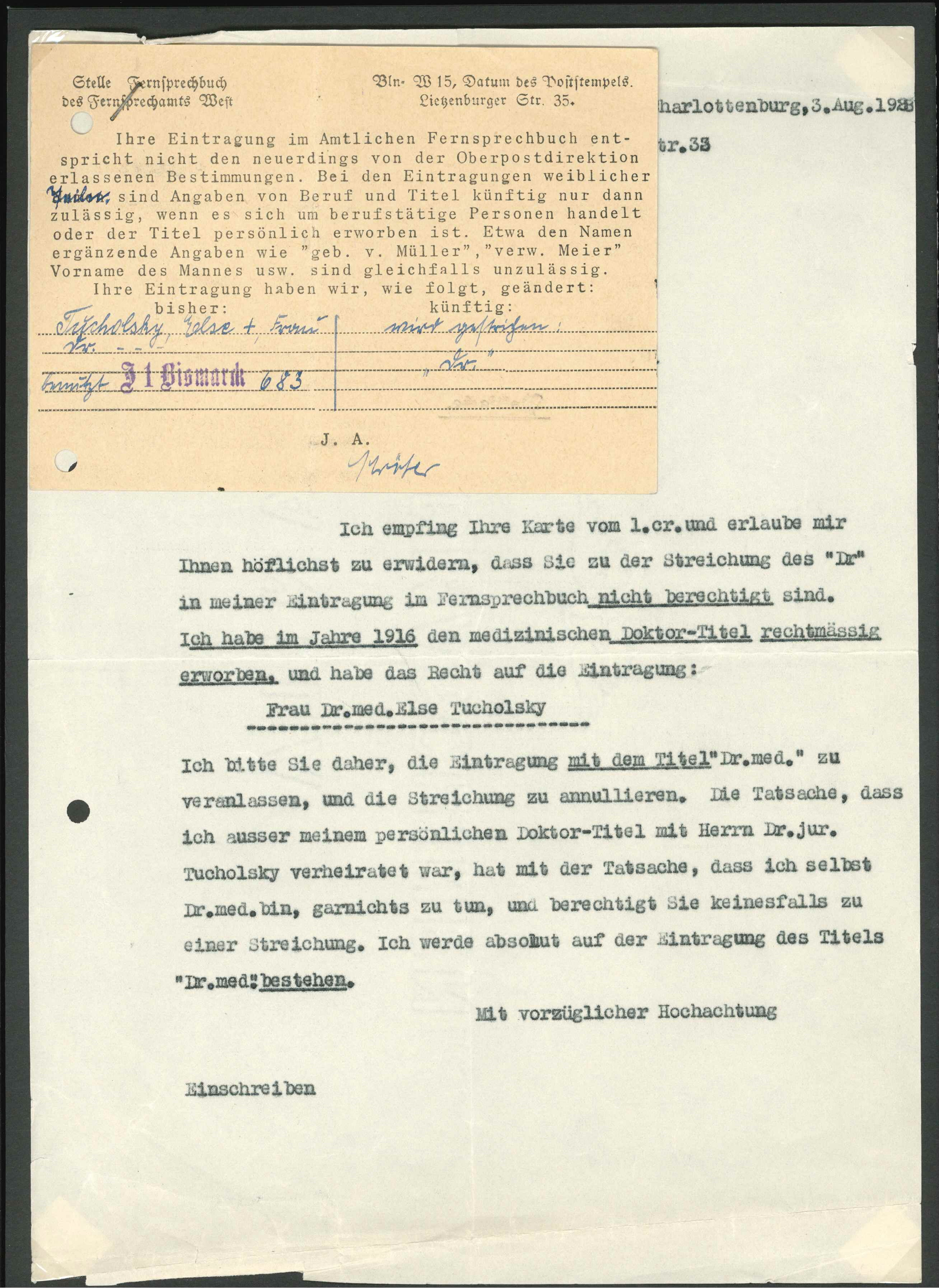 Brief mit Postkarte an Fernsprechamt West, Else Tucholsky, Charlottenburg 1928 (KTL CC BY-NC-SA)