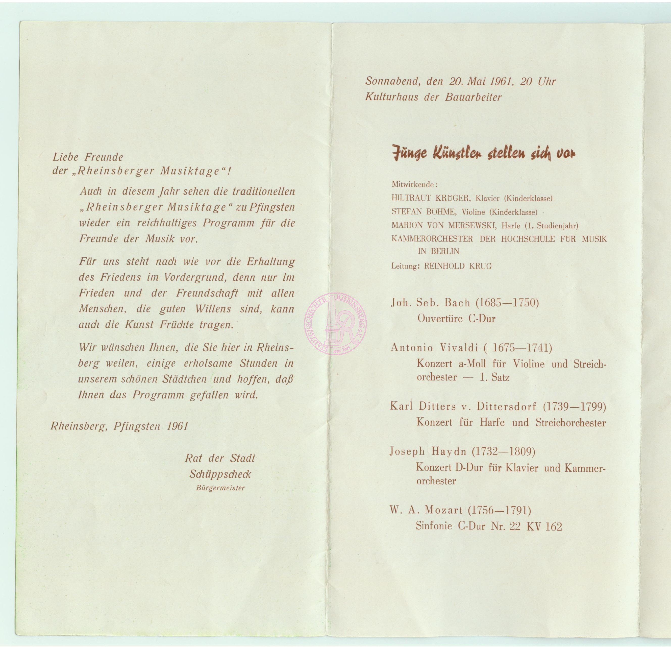 Seite aus dem Programmheft der Musiktage 1961 (Haus der Stadtgeschichte Rheinsberg CC BY-NC-SA)