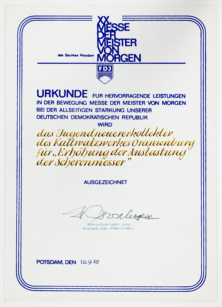 Auszeichnung "Jugendneuererpreis" (ReMO - Regionalmuseum Oberhavel CC BY-NC-SA)