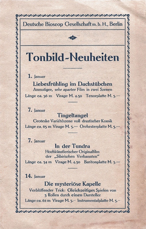 Tonbild-Neuheiten der Deutschen Bioscop Gesellschaft Berlin (Filmmuseum Potsdam CC BY-NC-SA)