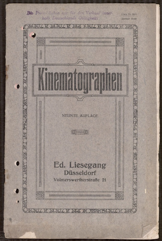 Kinematographen Neunte Auflage, Liste Nr. 2001 von Ed. Liesegang (Filmmuseum Potsdam CC BY-NC-SA)
