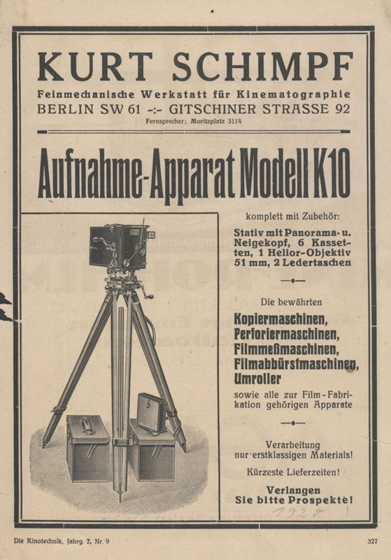 Anzeige für Aufnahme-Apparat Modell K 10 von Kurt Schimpf (Filmmuseum Potsdam CC BY-NC-SA)