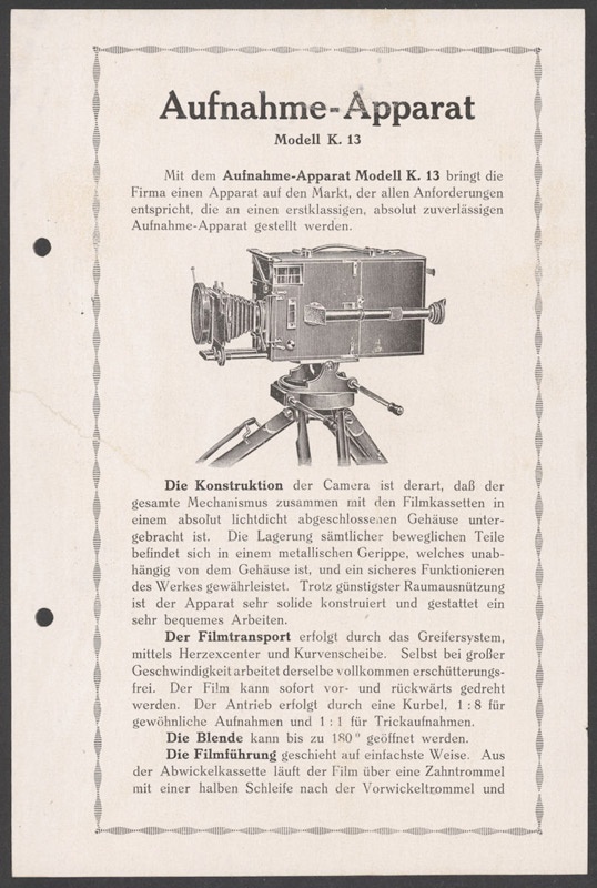 Werbeblatt für Aufnahme-Apparat K 13 von Kurt Schimpf (Filmmuseum Potsdam CC BY-NC-SA)