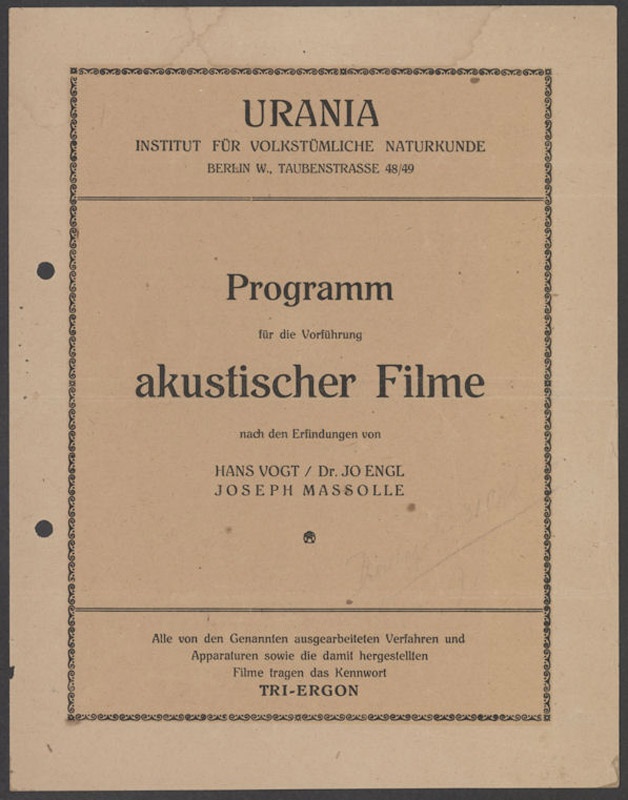 Programm für die Vorführung akustischer Filme (Filmmuseum Potsdam CC BY-NC-SA)