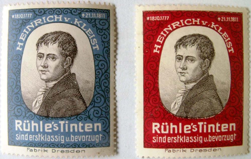 Reklamemarke Rühle’s Tinten Fabrik Dresden mit dem Porträt Heinrich von Kleists (Kleist-Museum Frankfurt (Oder) CC BY-NC-SA)