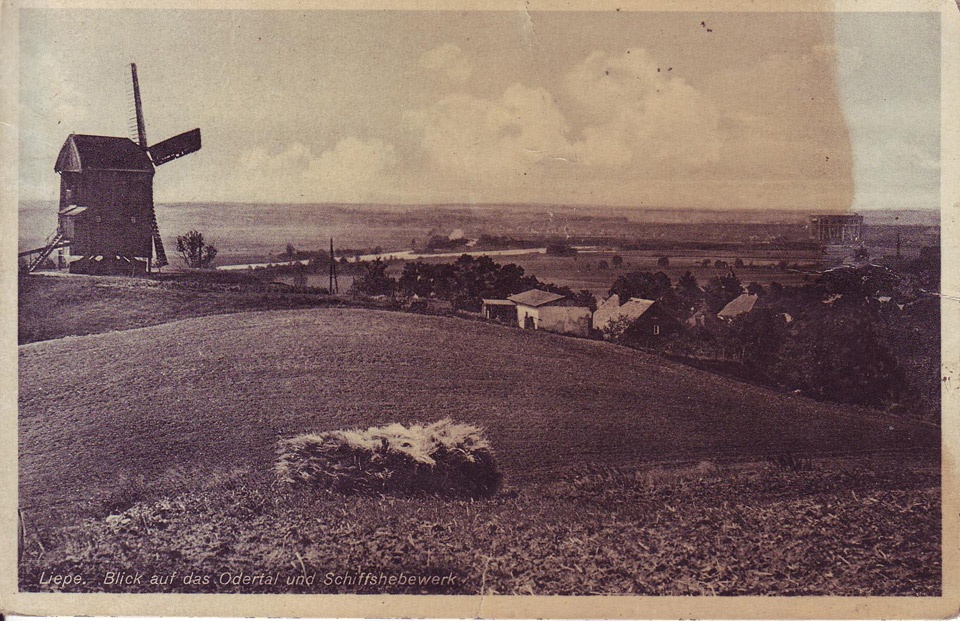 Postkarte Liepe, &quot;Blick auf das Odertal und Schiffshebewerk&quot;, Windmühle im Vordergrund, s/w, 1936. (Binnenschifffahrtsmuseum Oderberg CC BY-NC-SA)