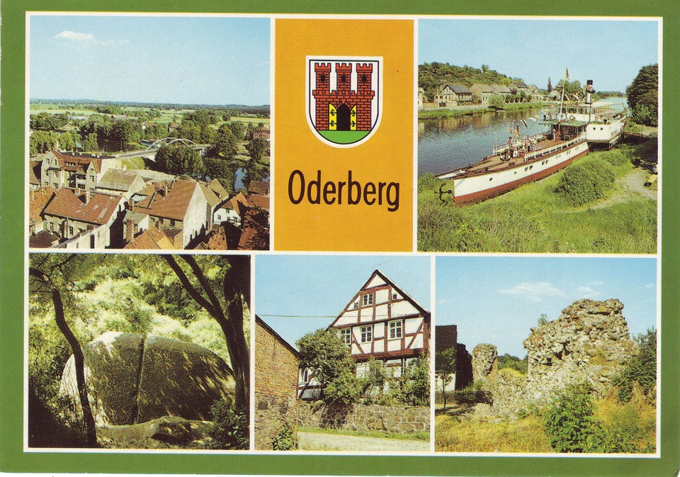 Postkarte Oderberg, Fünf-Ansichten-Karte, 1989 (Binnenschifffahrtsmuseum Oderberg CC BY-NC-SA)