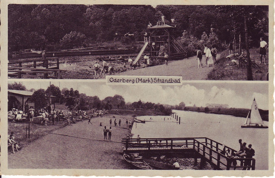 Postkarte Oderberg, zwei Ansichten vom Strandbad, s/w, vermutlich 1960er Jahre. (Binnenschifffahrtsmuseum Oderberg CC BY-NC-SA)