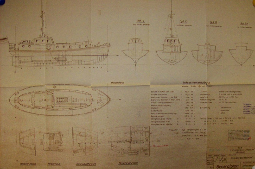 Lotsenversetzboot, Konstruktionsplan (Binnenschifffahrtsmuseum Oderberg CC BY-NC-SA)