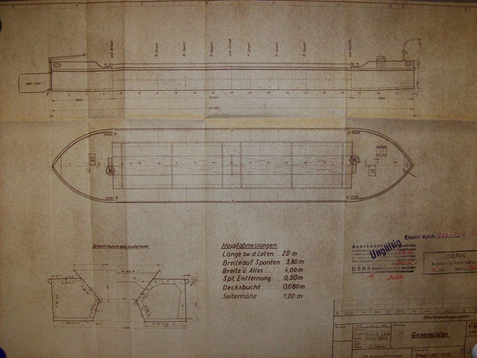 20 m³ Bodenklappschute, Konstruktionsplan (Binnenschifffahrtsmuseum Oderberg CC BY-NC-SA)