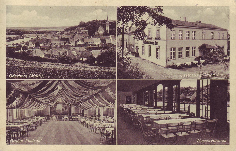 Postkarte Oderberg, vier Ansichten, Gasthaus &quot;Grüne Aue&quot; Innen- u. Außenansichten, s/w, 1947. (Binnenschifffahrtsmuseum Oderberg CC BY-NC-SA)