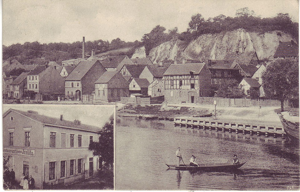 Postkarte Oderberg, Ansicht Oderstraße (heute Puschkinufer) mit Hotel und Restaurant v. August Irrlitz, s/w, 1910 (Binnenschifffahrtsmuseum Oderberg CC BY-NC-SA)