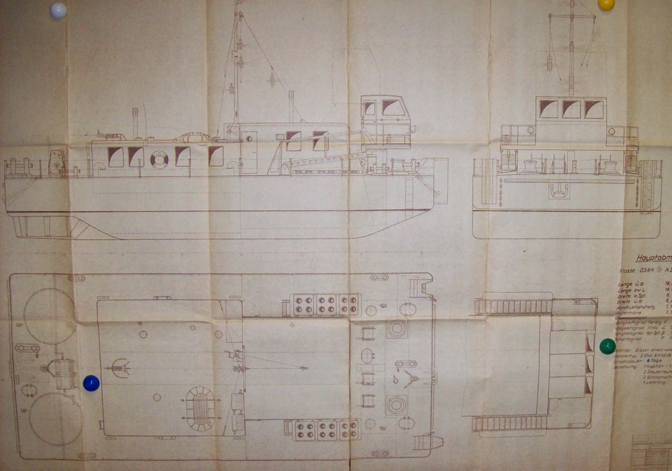 Konstruktionszeichnung für Schubboot und Schubbehälter (Binnenschifffahrtsmuseum Oderberg CC BY-NC-SA)